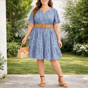 New Croft & Barrow prairie lightweight blue white gingham pullover v-neck 1X